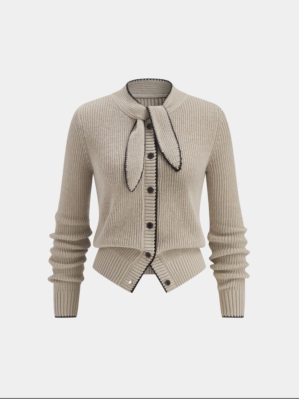 Commense Beige Knit Tie-Neck Cardigan with Black Trim
